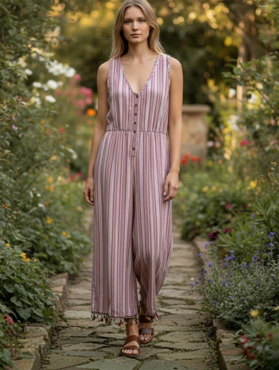 Jaase Pants - 100% Cotton Akua By Jaase Striped Sleeveless V-Neck Jumpsuit in Mauve Pink